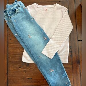 Cat and Jack Embroidered Floral Girls and Waffle Knot Long Sleeve Jean Sz 6